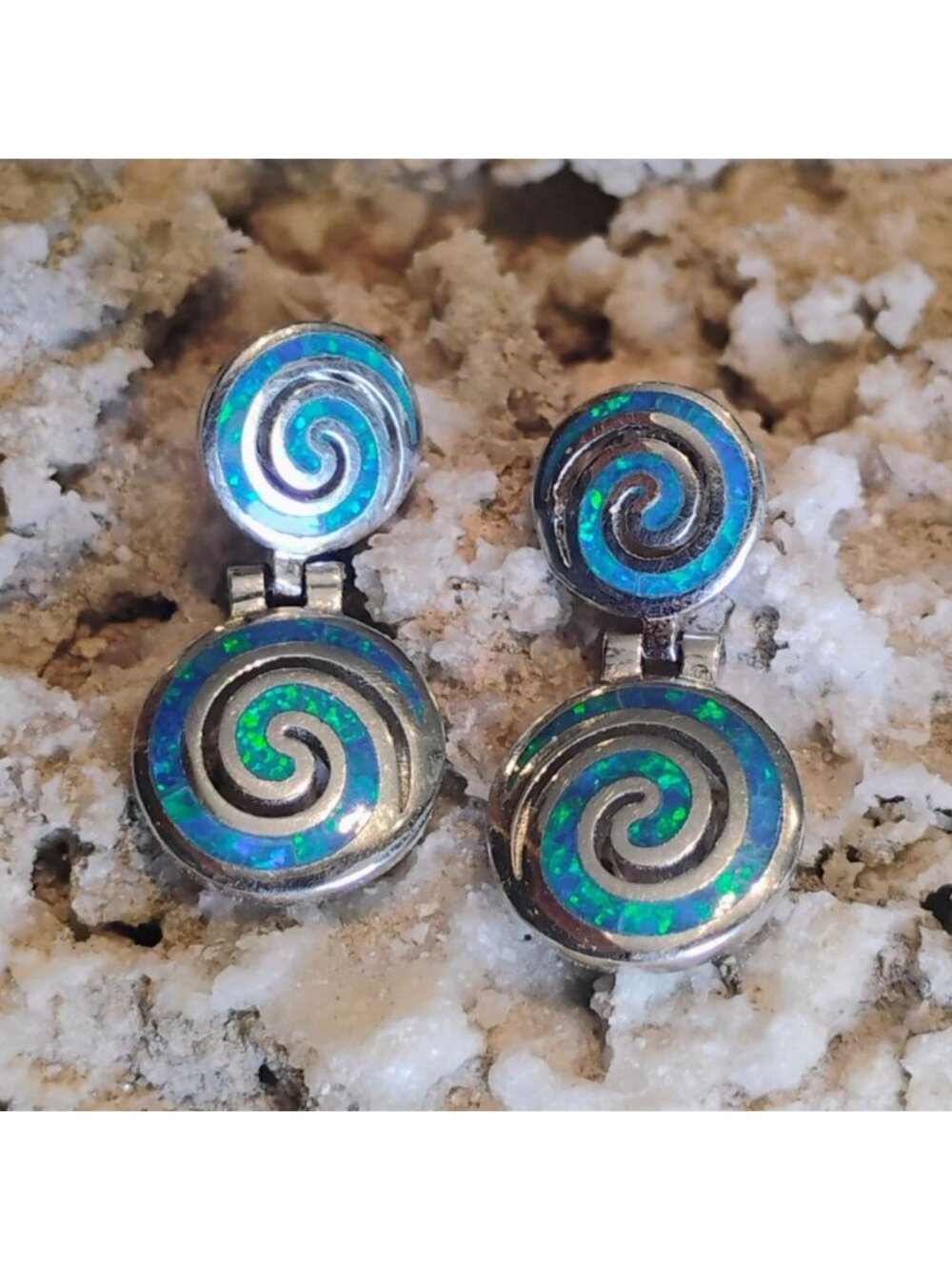 Greek Sterling Silver Blue Opal Double Swirl Meandros Dangle Earrings - Picture 4 of 7
